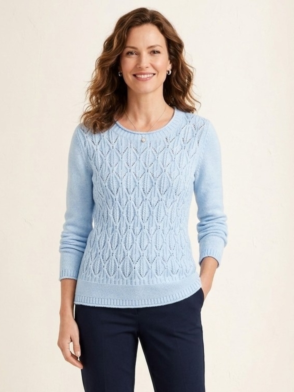 Talbots Light Blue Lace-Pattern Crewneck Sweater